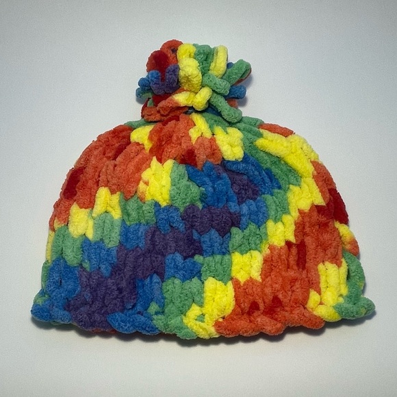 Handmade Women’s/Junior’s Winter Hat With Loopy Pom-Pom - Rainbow - Picture 3 of 9